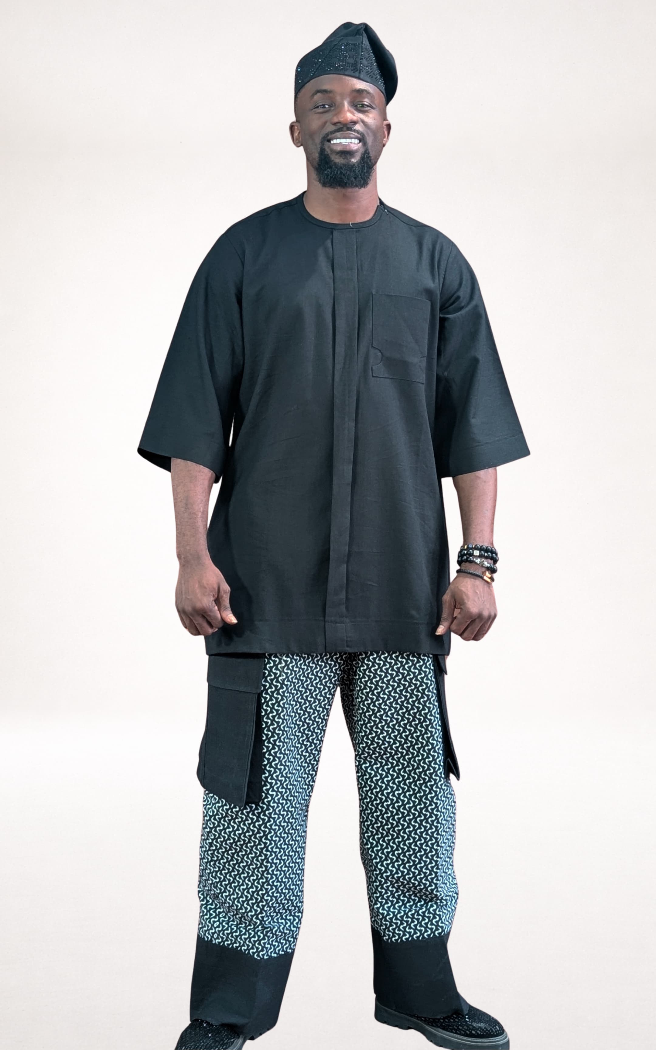 Black Native Shirt /w Black & White Adire Trousers and Black Cap