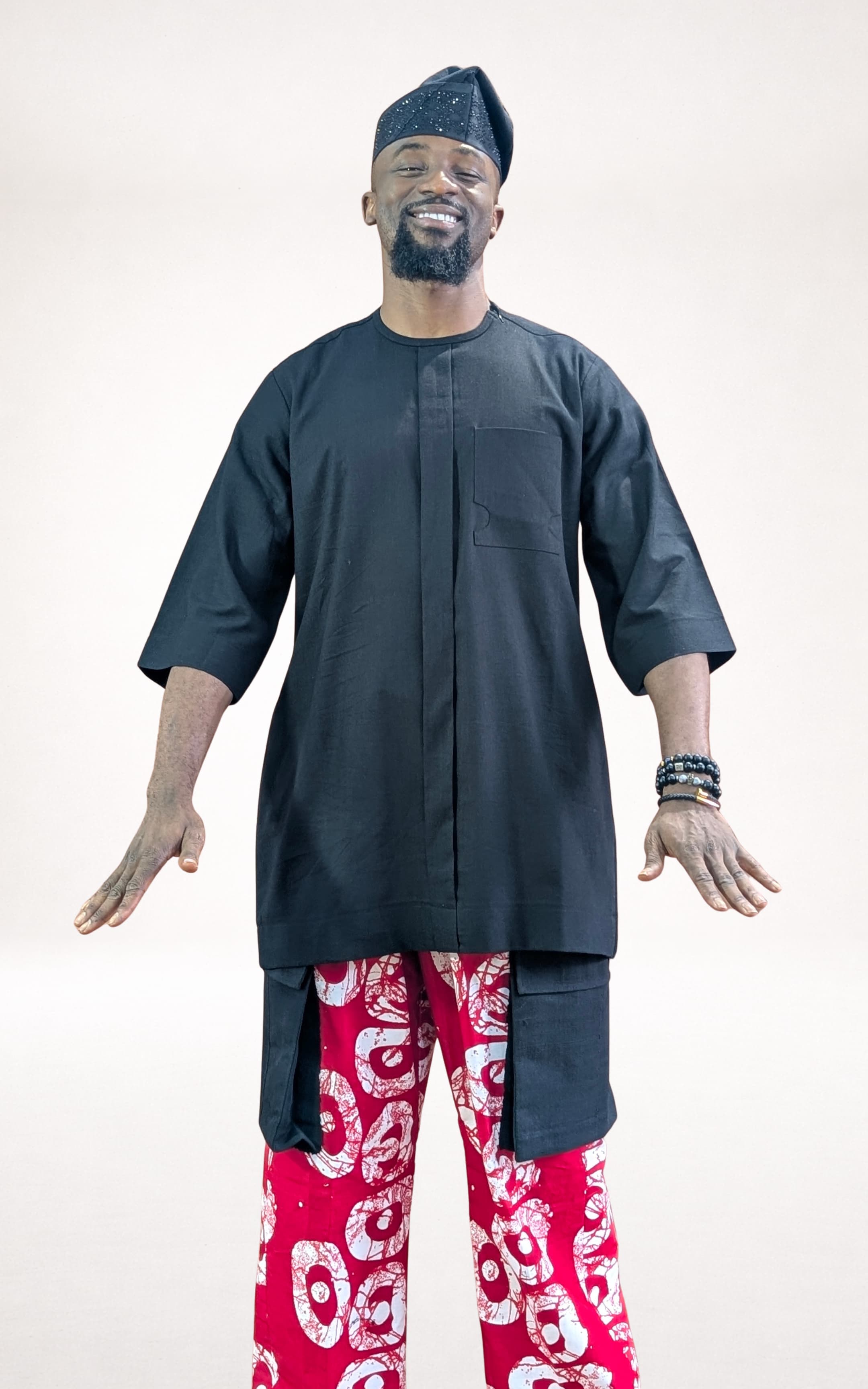 Red Adire Trousers, Black Native Shirt and Black Cap