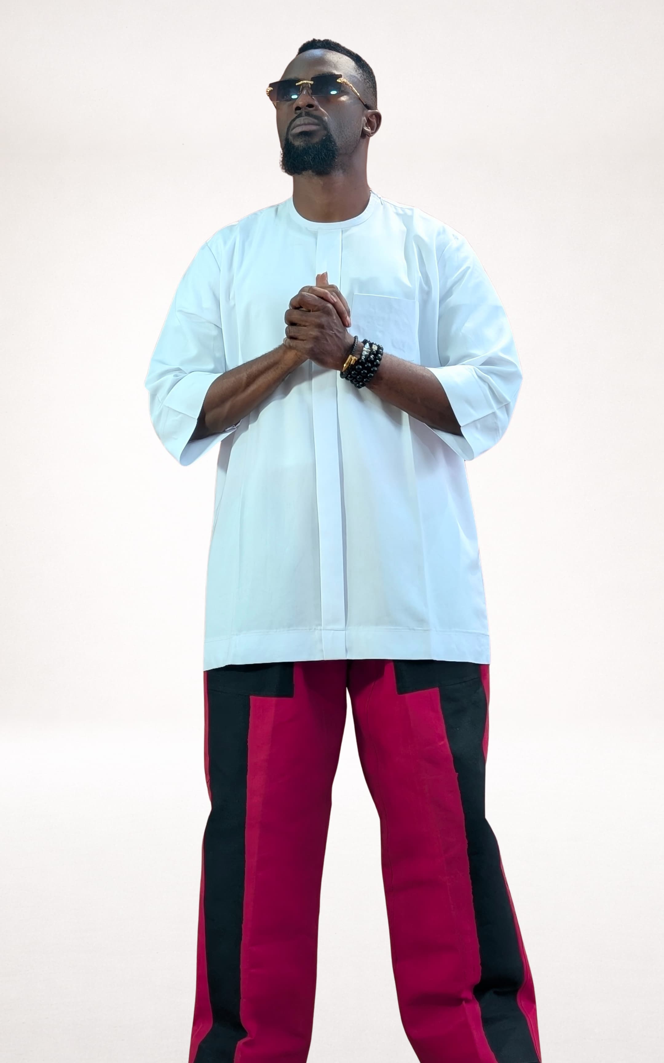 Black/Red Aso-oke Trouser and White Native Shirt