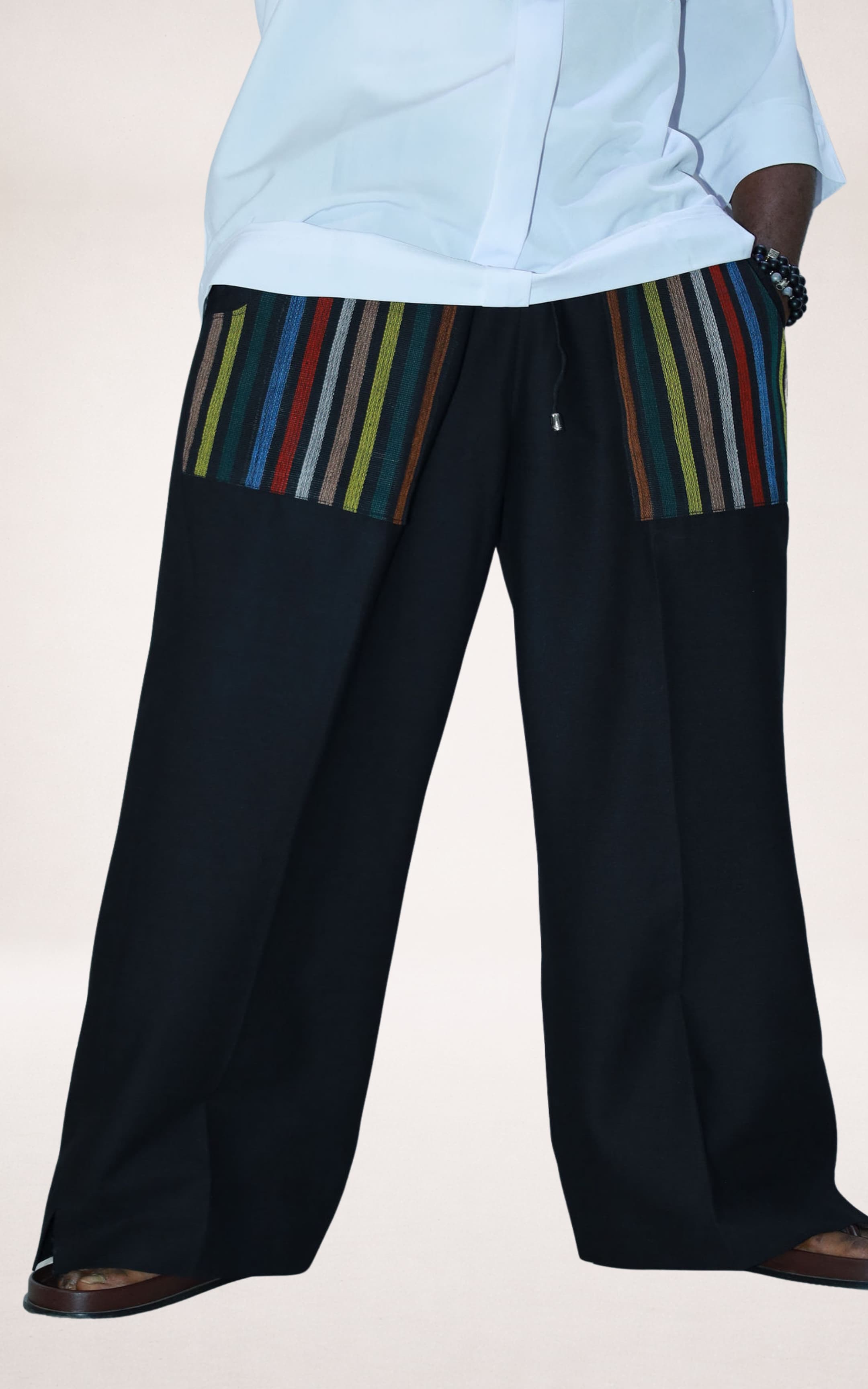 Black Adire Trousers With Striped Colored Pockets
