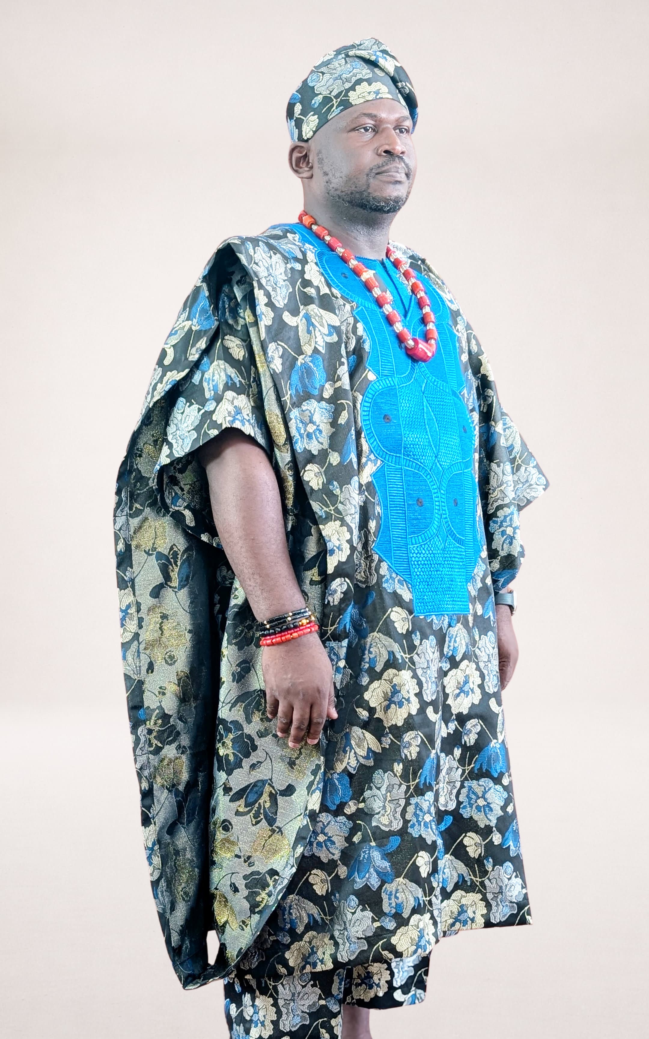 Blue Yoruba Agbada with Flower Patterns